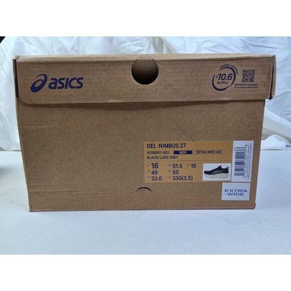 Asics Size 16 Extra Wide 4E Mens Gel Nimbus 27 Black Lake Gray Lace Sneakers NEW - Picture 3 of 16